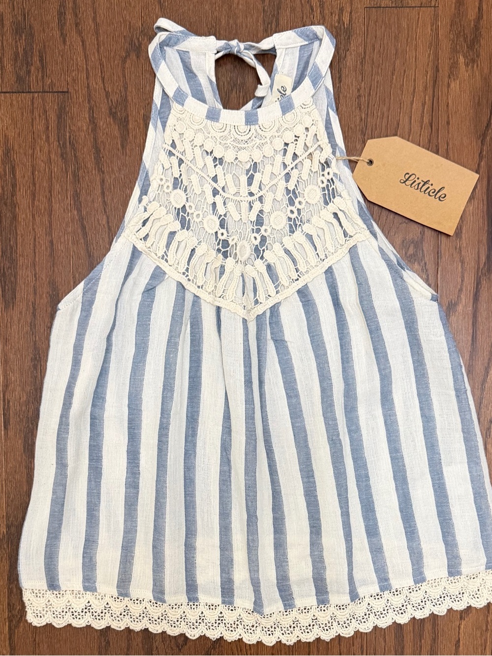 Listicle Blue and White Striped Crochet Lace Lightweight Halter Tank Top NWT
